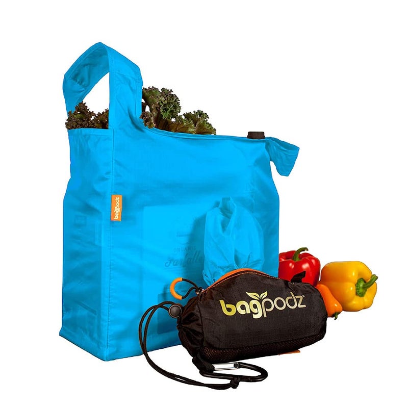 BagPodz Sturdy Reusable Grocery Bags Foldable and Washable - Made From RipStop Nylon Hold 50lbs - Designed in USA Reusable Shopping Bags Inside a Compact Pod with Carry Clip - 5 Pack in Blue - Image 4